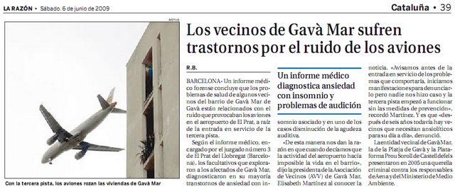 Notcia publicada al diari LA RAZN sobre l'informe medicoforense encarregat pel Jutjat 3 del Prat que conclou que la posada en servei de la tercera pista va provocar greus problemes de salut als vens de Gav Mar (6 Juny 2009)